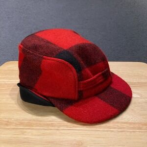 Vintage Filson Mackinaw Trapper Wool Cap Lumberjack Buffalo Plaid Red Black Hat